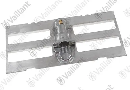 Vaillant Verteilerrohr aus Metall mit Halterung und mehreren Öffnungen zur Anbindung, geeignet für Heizungsanwendungen.